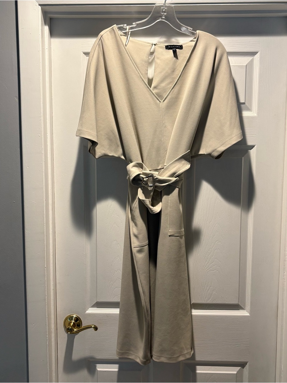 Marina Cream V-Neck Belted Midi Dress with Short Sleeves S/XL